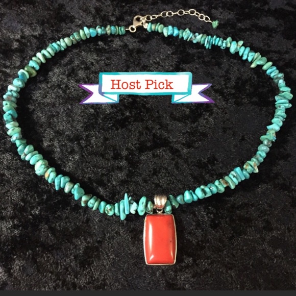 Vintage Jewelry - Genuine Sterling Turquoise red coral necklace 16”